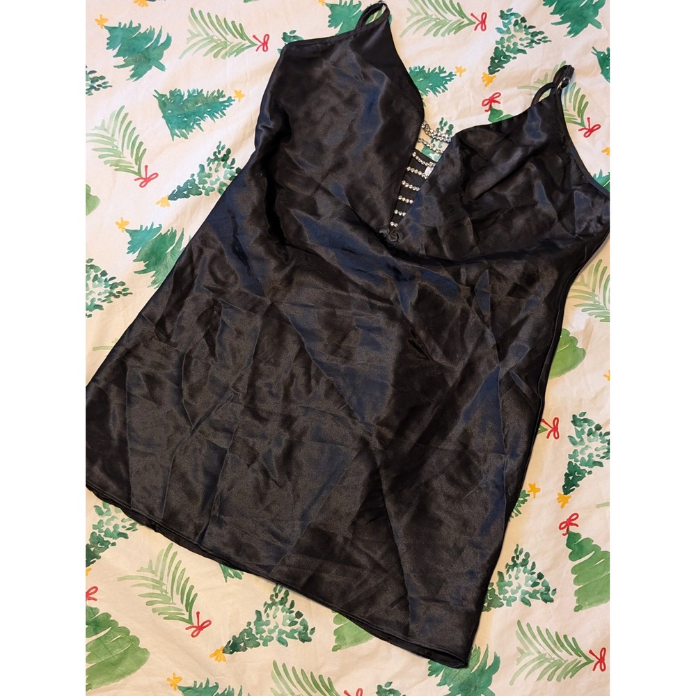 Vintage VAL MODE LINGERIE Black‎ Satin Rhinestone V Neck Slip Dress Medium